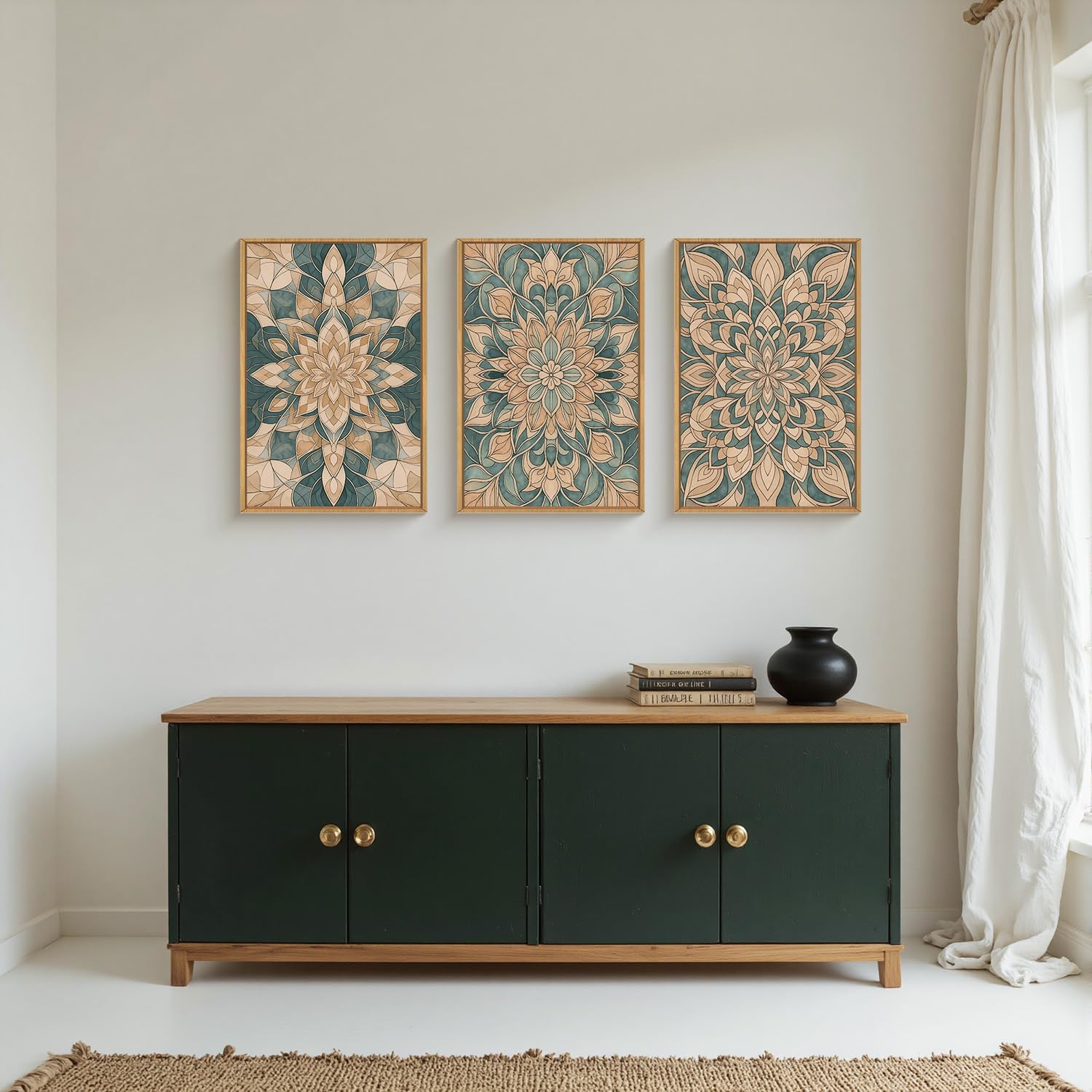 HLNIUC Mandala Flower Wall Art Set of 3, Green Scandinavian Botanical Framed Wall Decor(16x24),Norwegian Folk Art Canvas, Bohemi